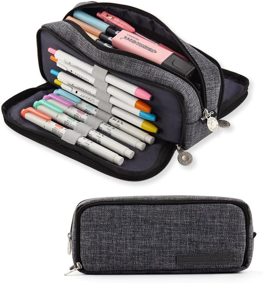 ANGOOBABY Large Pencil Case, Big Capacity, 3 Compartments Canvas Pencil Pouch (Black)