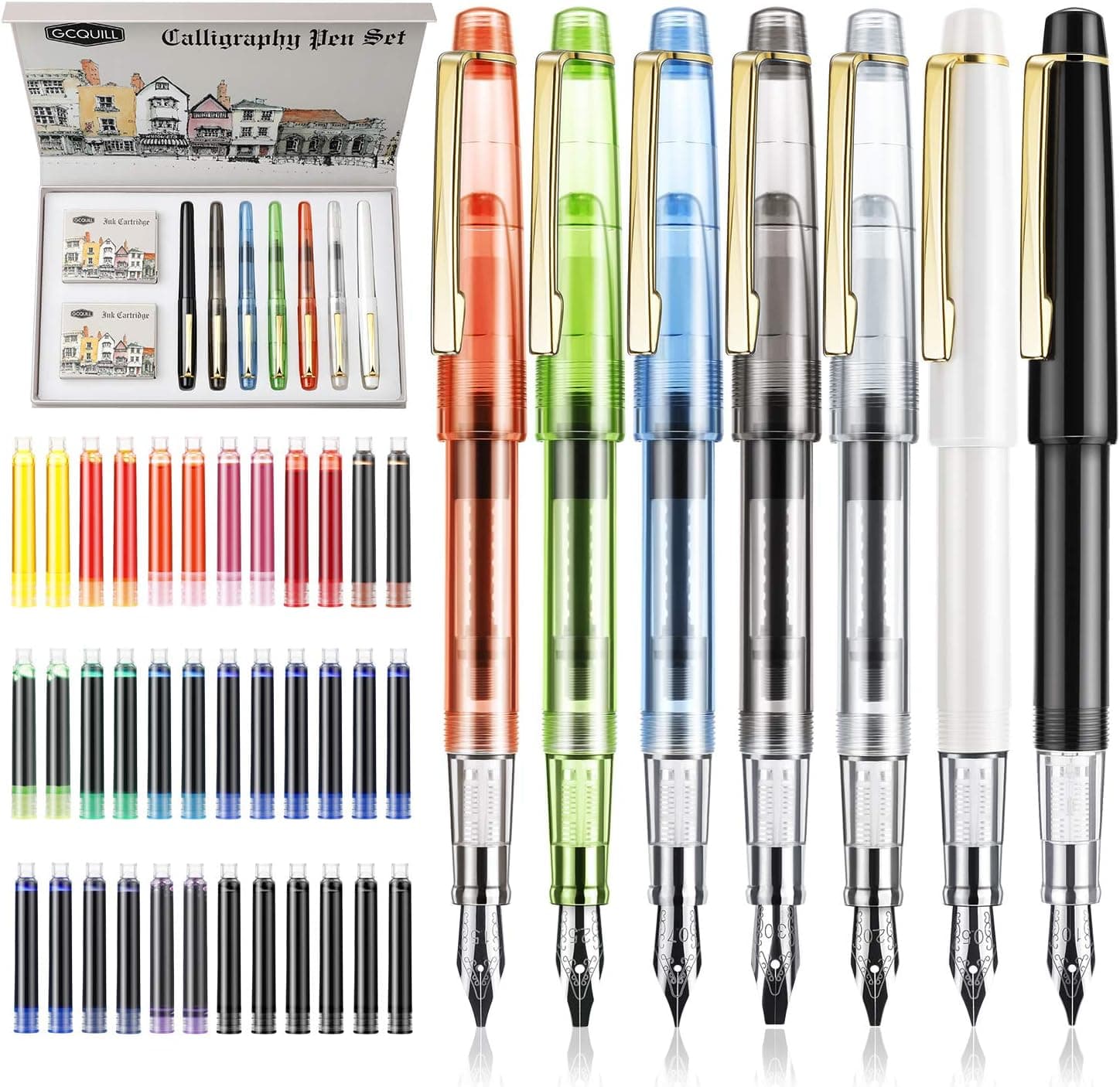 GC QUILL Calligraphy Set Fountain Pens, 7 Different Size Nibs and 36 Assorted Ink Cartridges F736