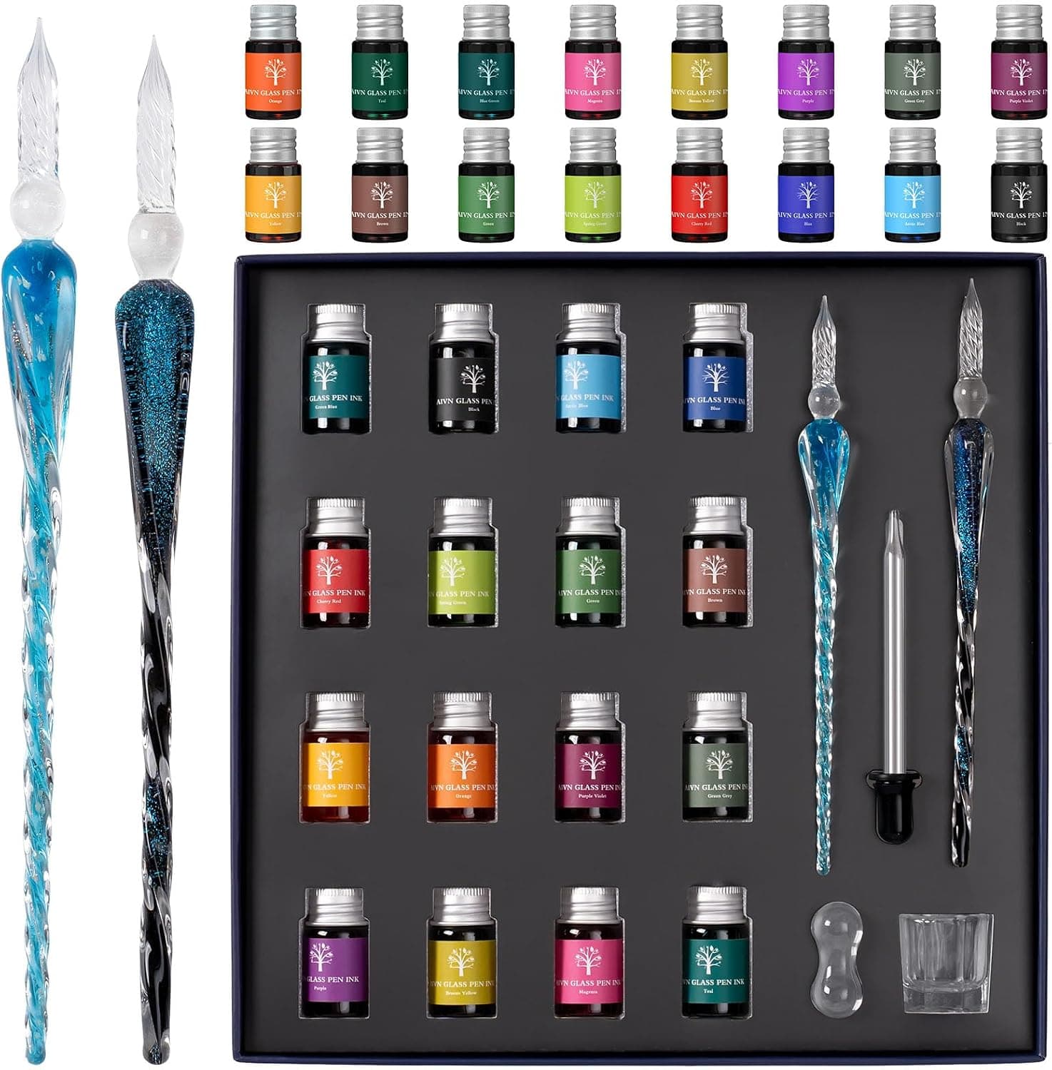 AIVN Glass Dip Pen Set - 21 Pieces with 2 Glass Pens, 16 Bottle Inks, Pen Holder, Cleaning Cup and Booklet