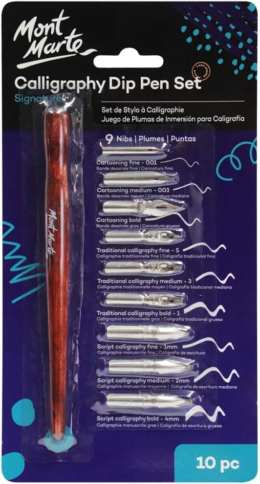 Mont Marte Signature Calligraphy Dip Pen Set, 9 Nibs, Wooden Dip Pen Handle with Interchangeable Nibs