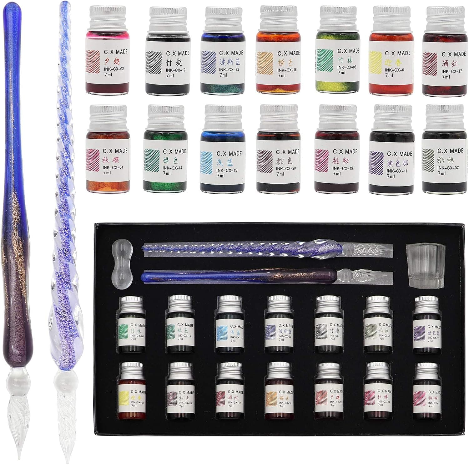 AXEARTE Glass Dip Calligraphy Pen Set, 18-Pieces with 14 Color Inks, Pen Holder, Cleaning Cup, 2 Crystal Glass Pens