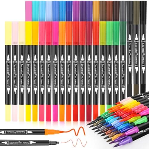 Soucolor 36 Dual Tip Brush Markers, Water-Based Art Pens, Adult Coloring