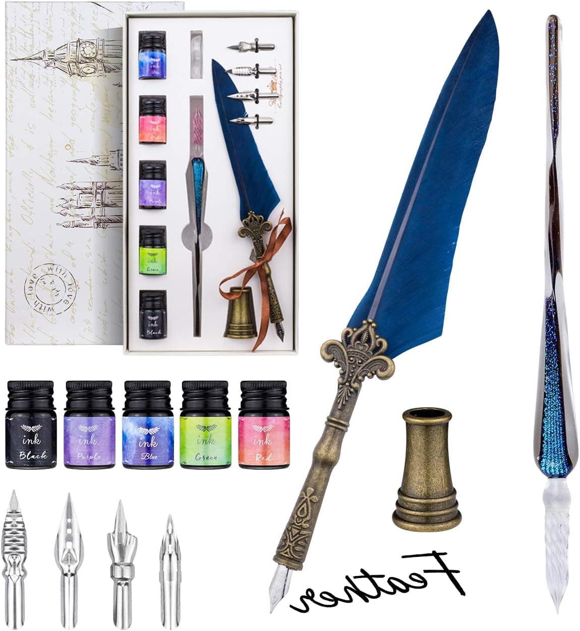Feather Quill Pen and Ink Set, Vintage Calligraphy Glass Dip Pen Set with 4 Replacement Nibs and 5 Inks