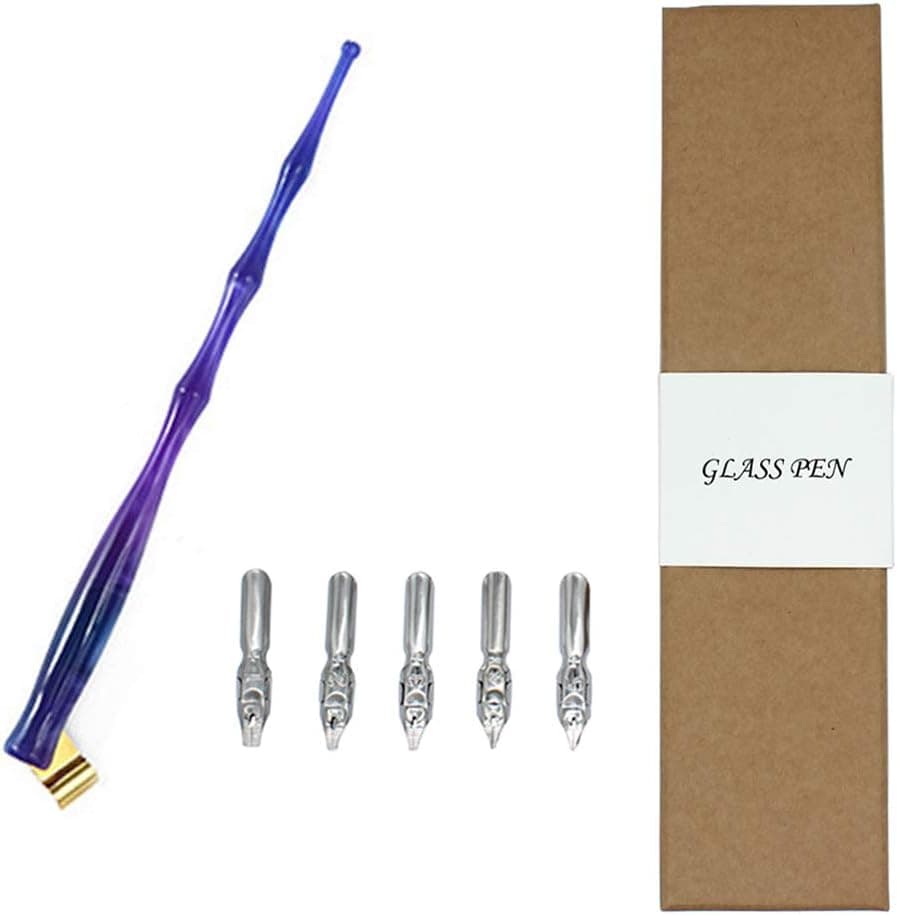 Hillento Resin Oblique English Calligraphy Pen Nib Holder with 5 Flat Nibs, Purple and Blue