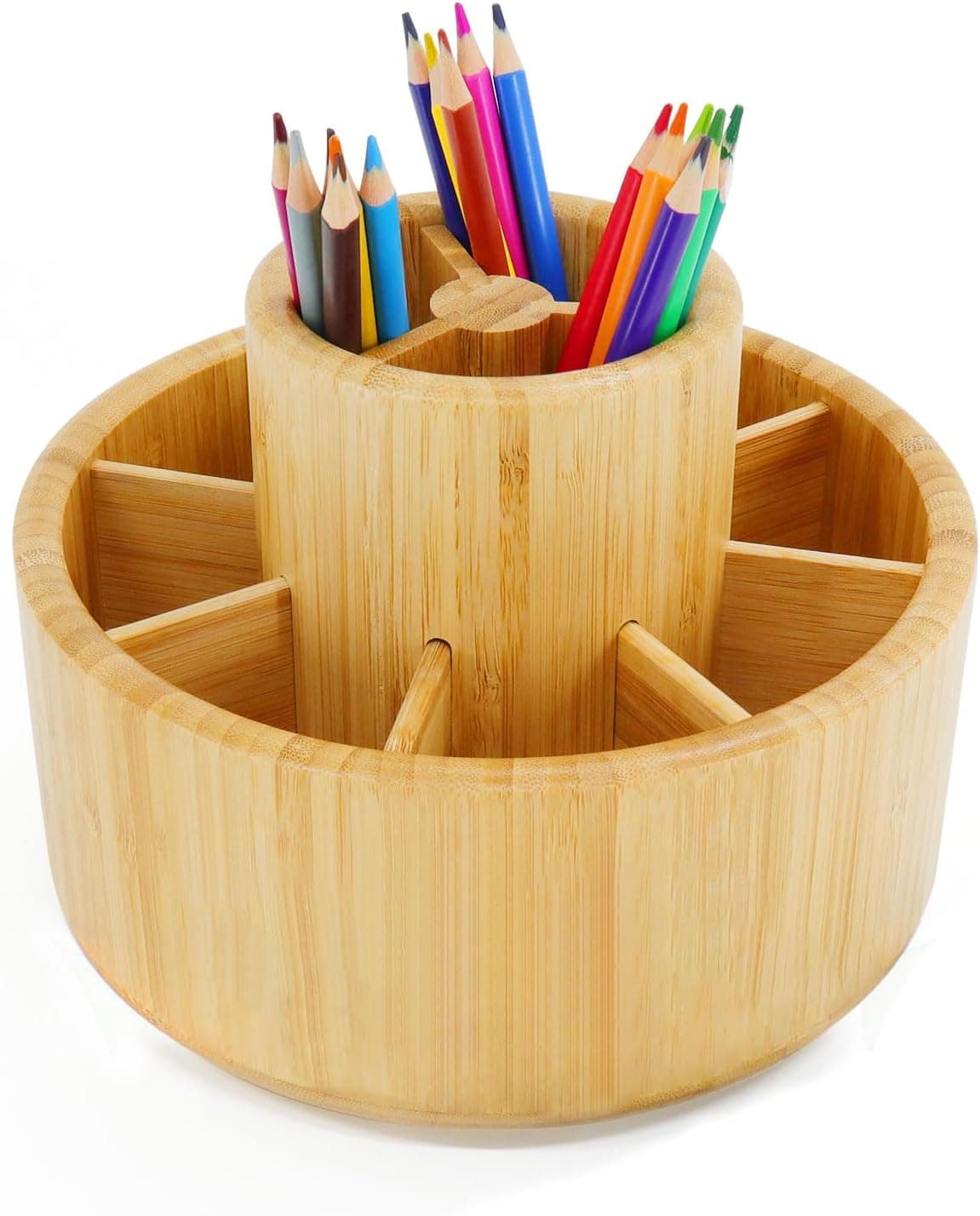 Utoplike Bamboo Rotating Art Supply Desk Organizer, Pencil Holder Organizer, Desktop Storage Caddy for Pen, Colored Pencil, Crayon, Paint Brushes