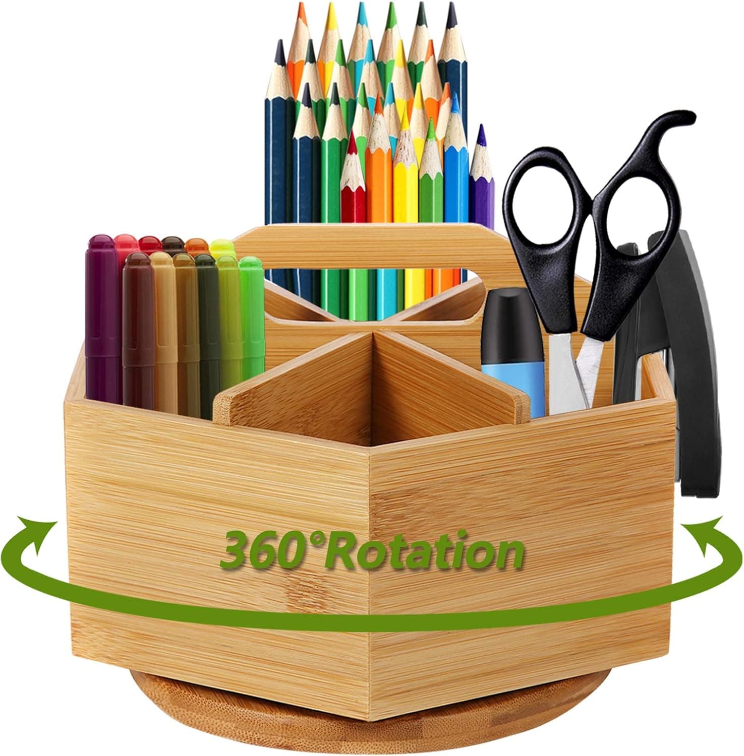 Marbrasse Bamboo Art Supply Organizer, Rotating Pencil Pen Holder, Office Supplies Desktop Storage Caddy