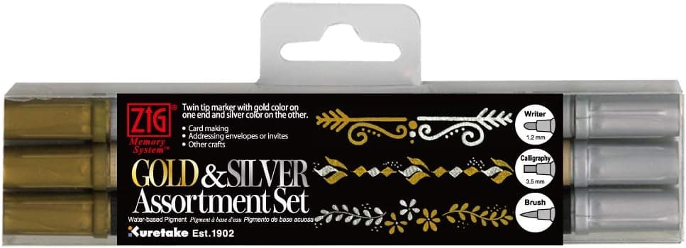 Kuretake ZIG Gold and Silver Pens Assortment Set for Brush Lettering, Made in Japan