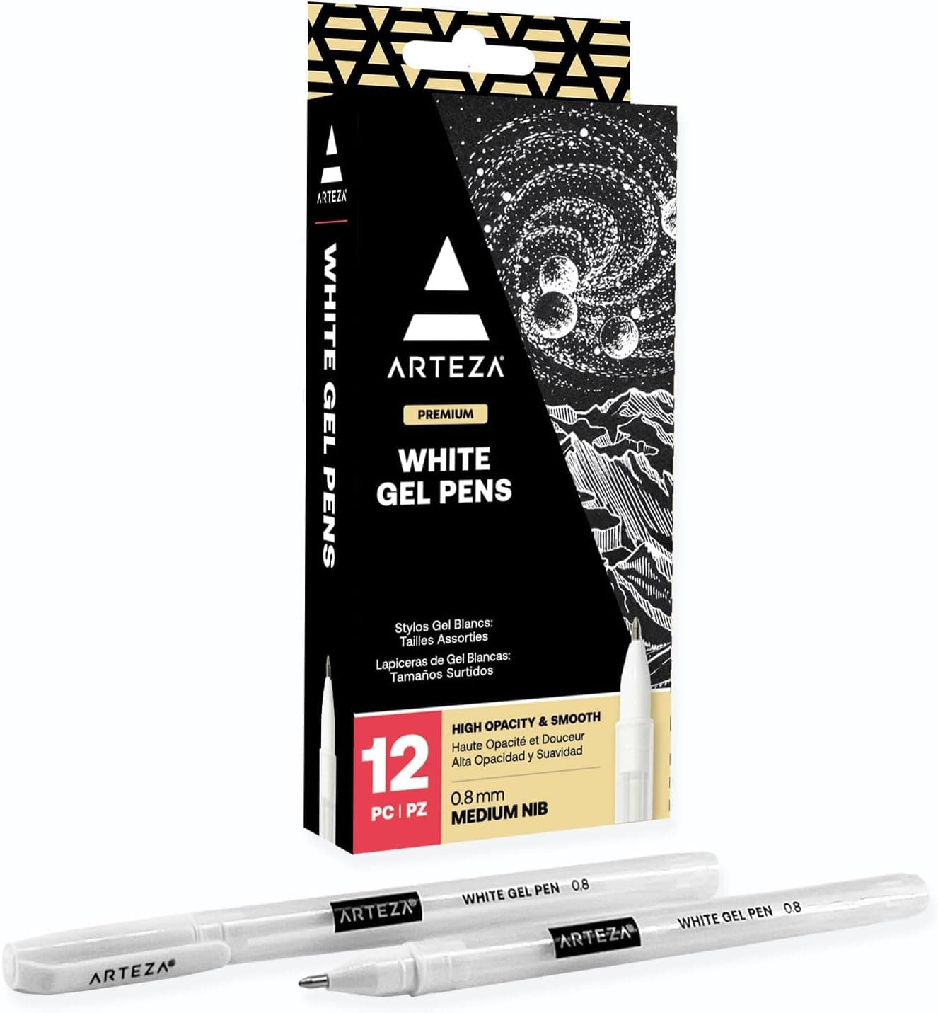 ARTEZA White Gel Pens, Set of 12 Rollerball Pens for Drawing, Highlights & Writing, Opaque Ink for Black Paper