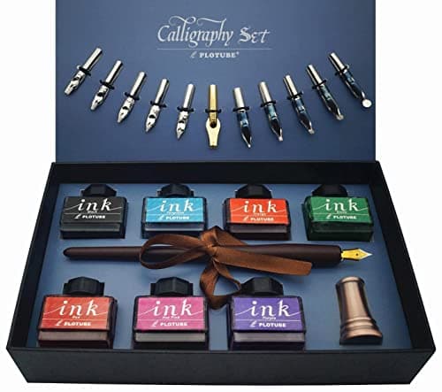 Plotube Calligraphy Pen Set - Includes Wooden Dip Pen, Antique Brass Holder, 11 Nibs, 7 Colors Ink Bottles and Beginner's Manual