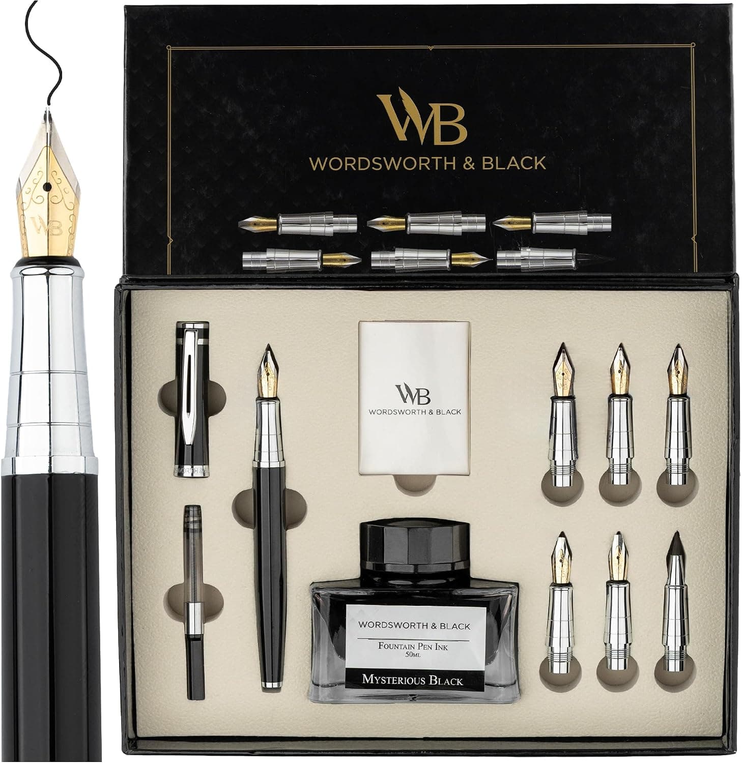 Wordsworth & Black Calligraphy Pen Gift Set with Ink Bottle, 6 Cartridges, Converter and 6 Replacement Nibs (Black Chrome)