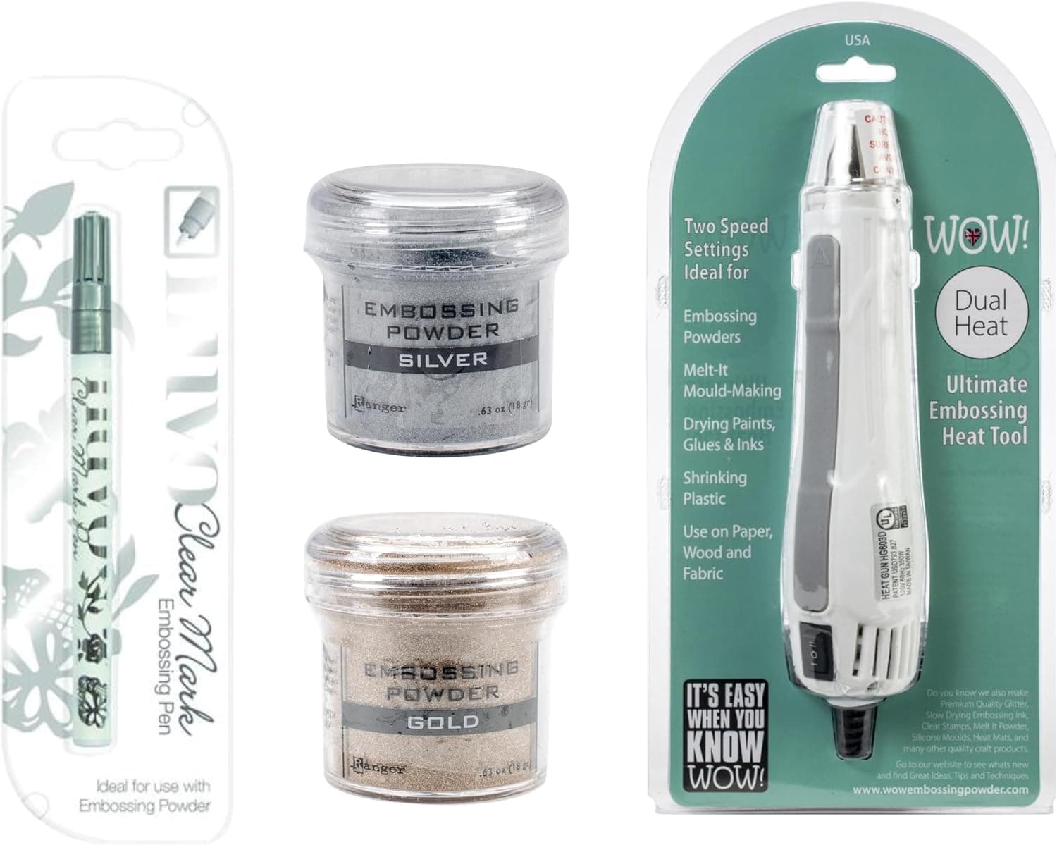 Embossing Kit: Heat Tool Machine, Emboss It Pen, Ranger Gold and Silver Powder Set
