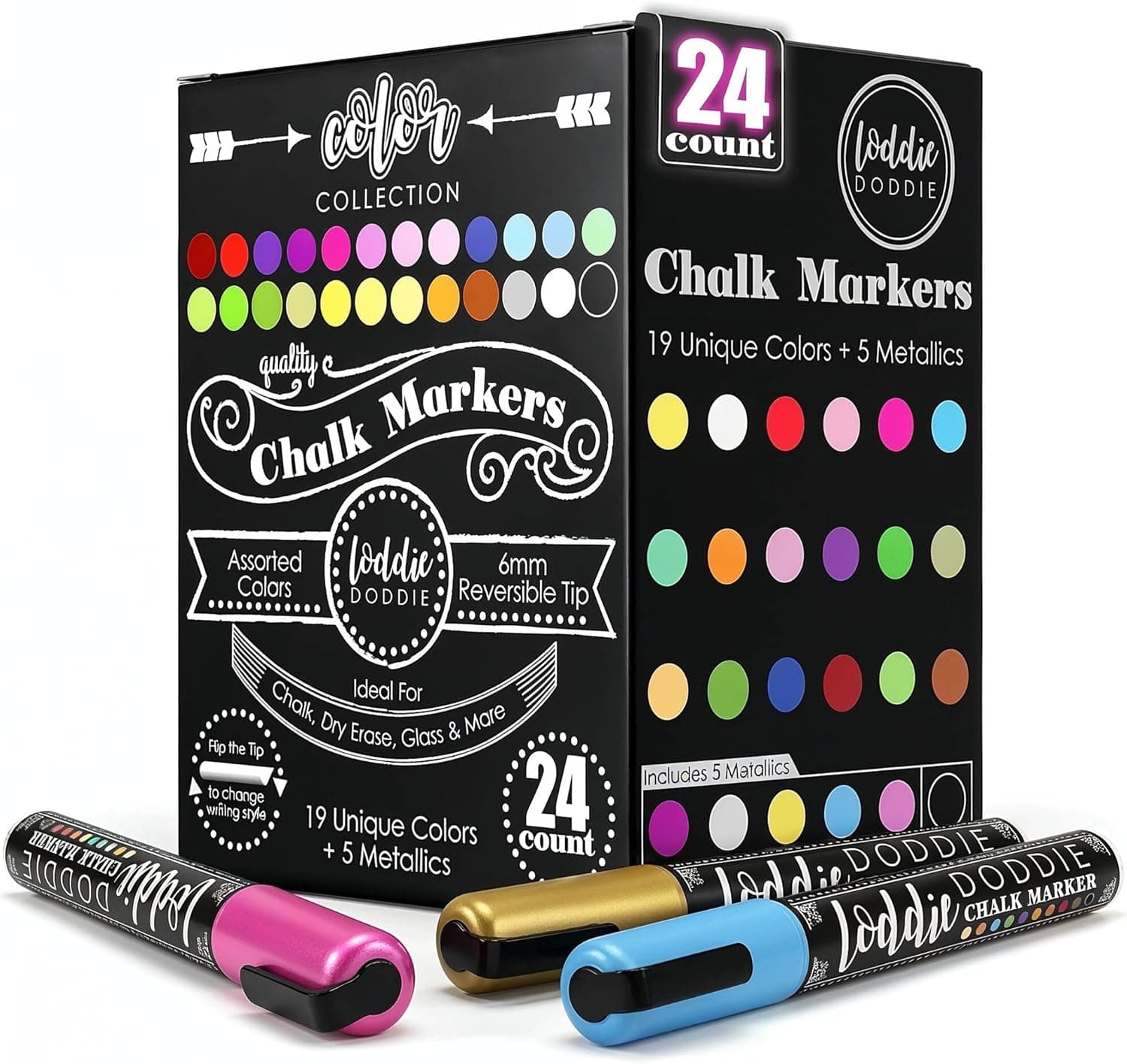 Loddie Doddie Chalk Markers, Pack of 24, 6mm Reversible Tips, Non-Toxic