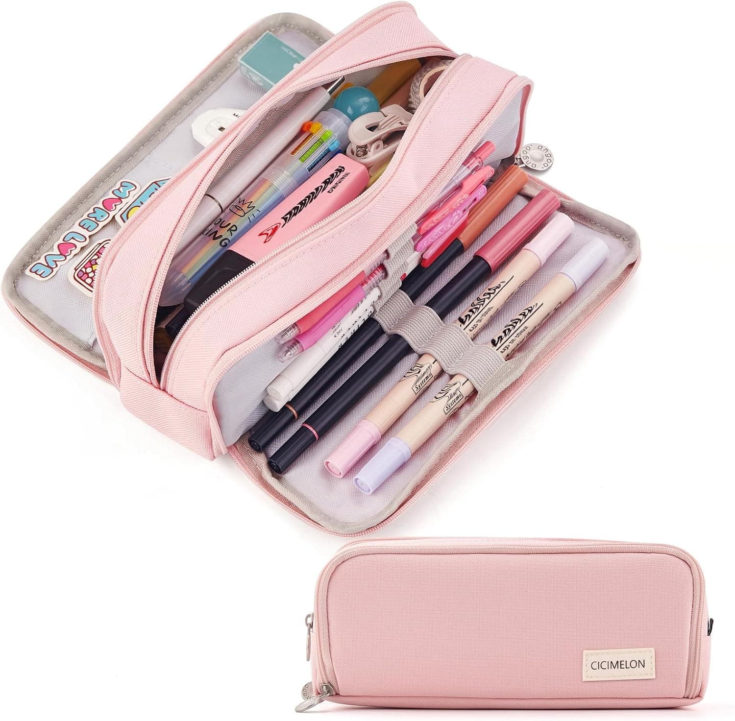 CICIMELON Large Capacity Pencil Case, 3 Compartment Pouch Pen Bag (Pink)