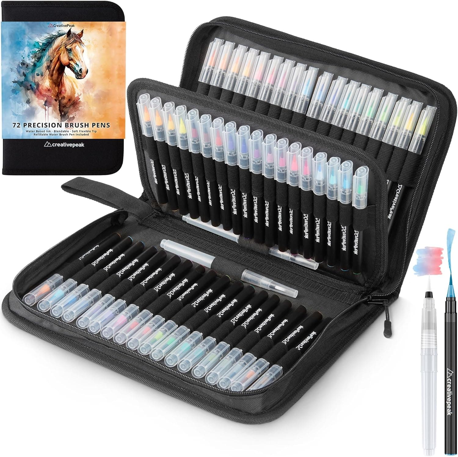 Creativepeak Watercolor Brush Pens, 72 Vibrant Soft Tip Markers with 4 Blending Brushes