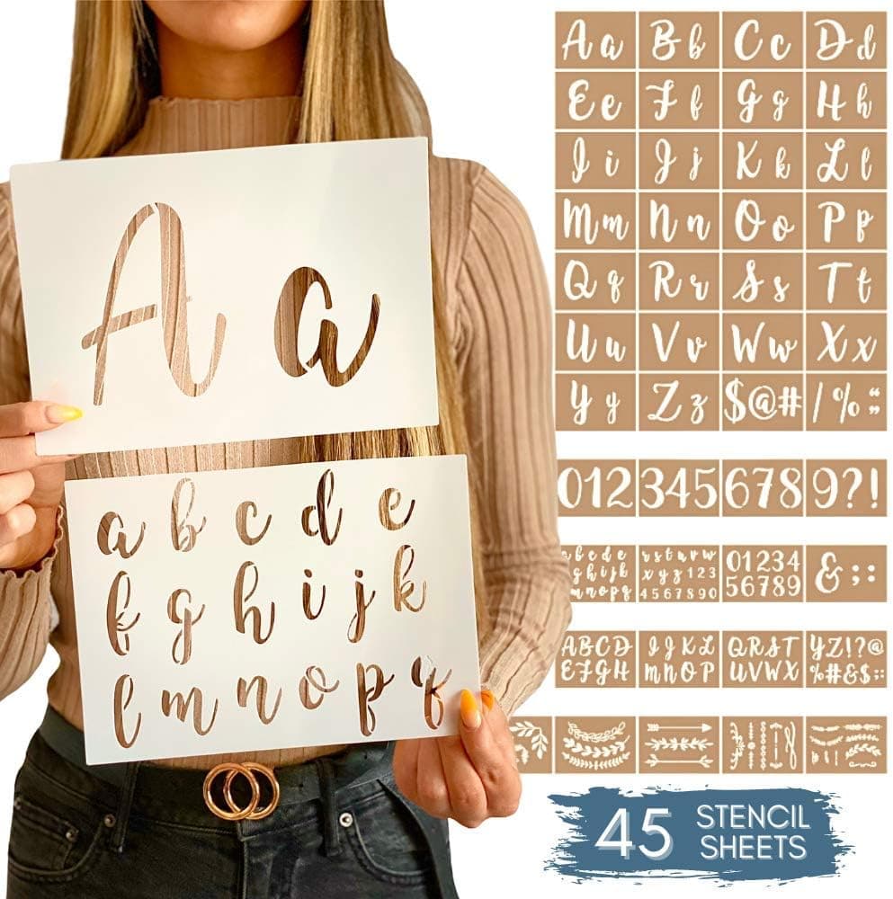 Boutique Calligraphy Stencil Template Kit - 45 Reusable Pieces - Lettering Upper, Lowercase, Large and Small, Numbers, Punctuation, Laurels and Flowers