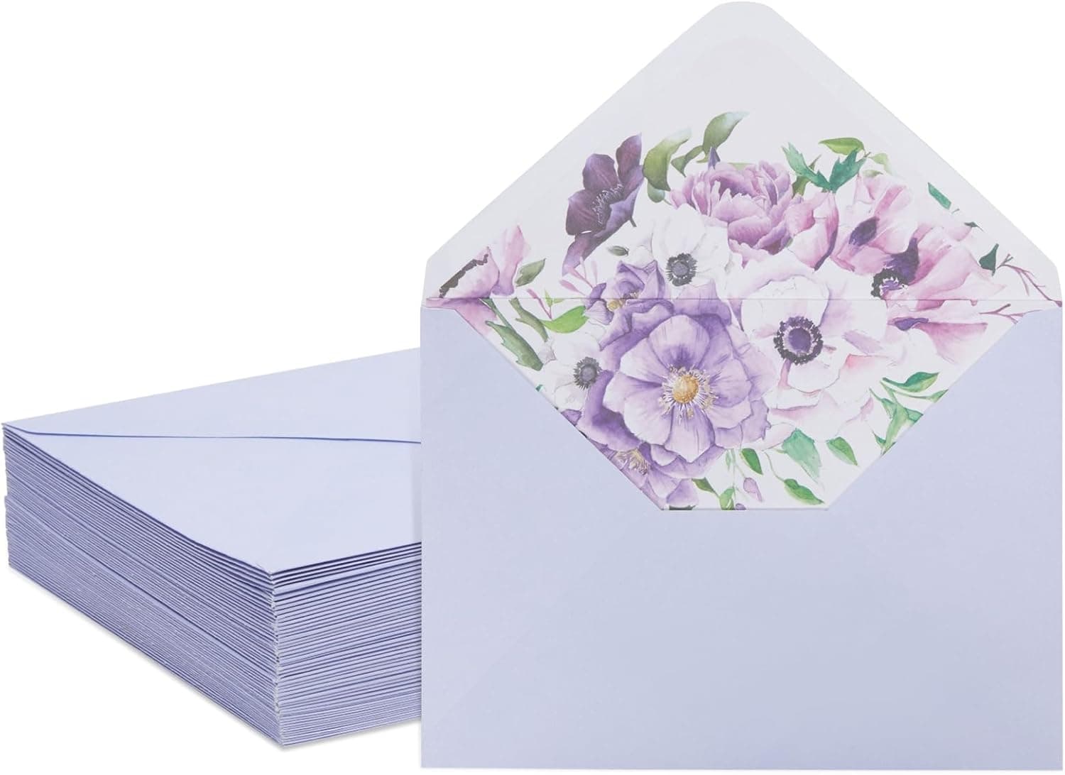 Paper Junkie Wedding Invitation Envelopes - A7, Lavender Purple, Floral-Lined, 50 Pack