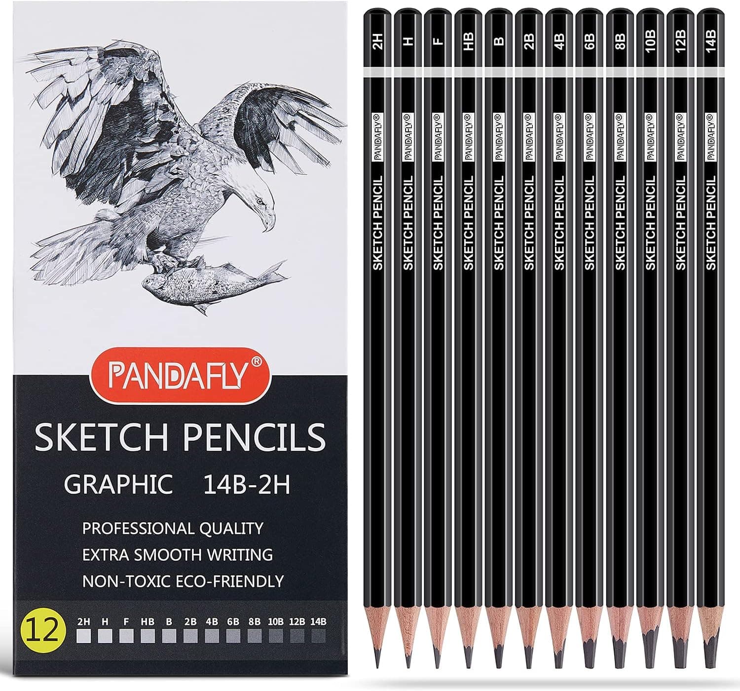 PANDAFLY Professional Drawing Sketching Pencil Set - 12 Pieces Graphite Pencils (14B - 2H)