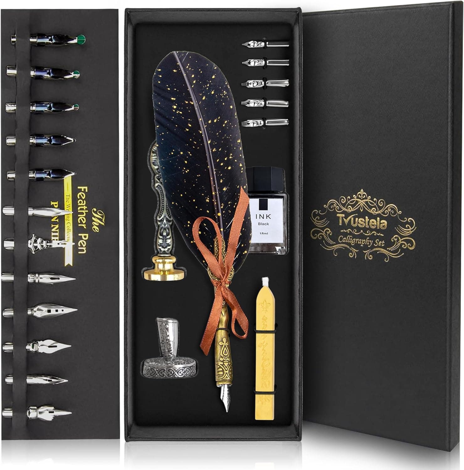 Trustela Calligraphy Pen Set - Feather Quill and Ink Set for Beginners (Black Feather)