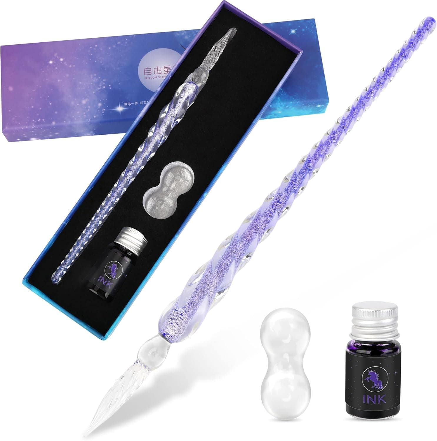 Luxiv Glass Ink Pen Set, Glass Dip Pen with Fluorescent Ink and Pen Holder (Basic, Purple)