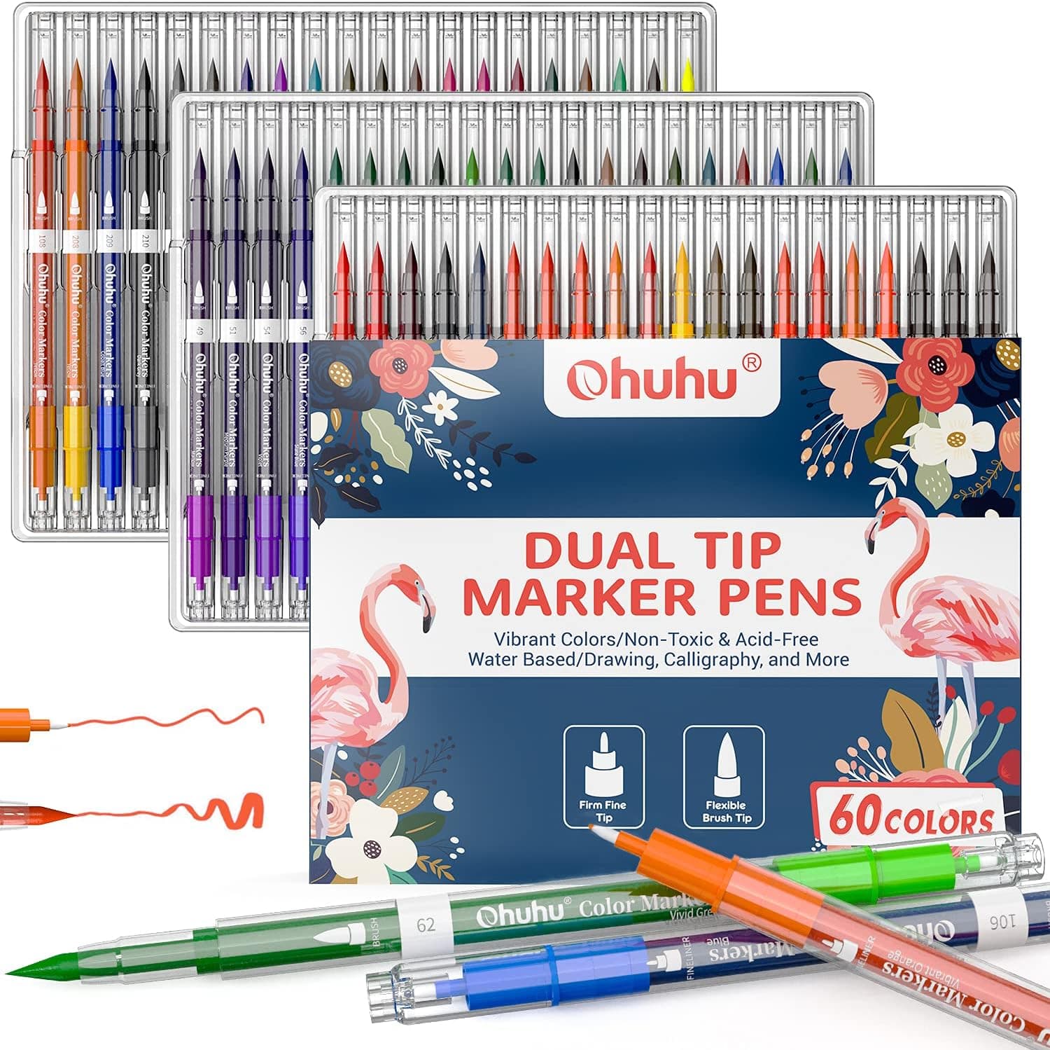 Ohuhu 60 Colors Dual Brush Pens, Water-Based Blendable Markers with Fine and Brush Tips