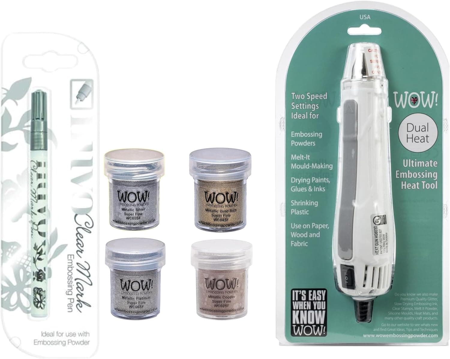 Embossing Starter Kit: Wow Heat Tool Machine, Emboss It Pen, Wow Gold, Silver, Platinum and Copper Powder Set