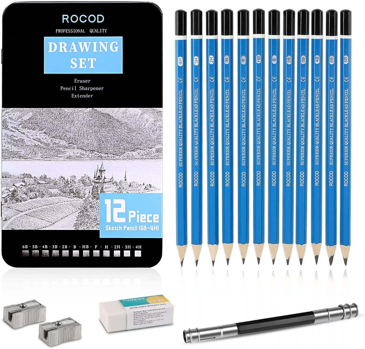 ROCOD Professional Sketch Pencils 6B to 4H for Drawing, Art Graphite Pencil Set in Metal Case