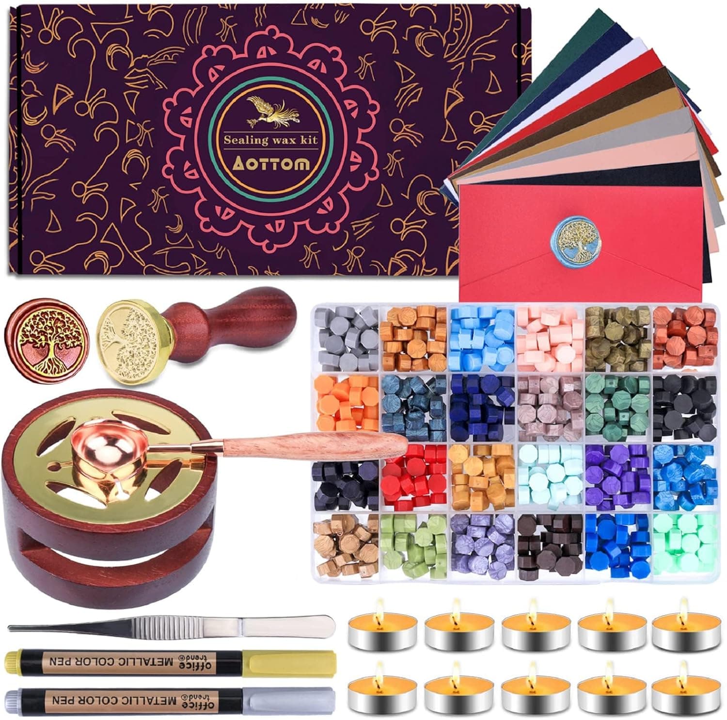 Aottom Wax Seal Stamp Kit with Gift Box, 24 Colors 650 Pcs Beads, Warmer, Envelopes, Candles, Stamp and Metallic Pen