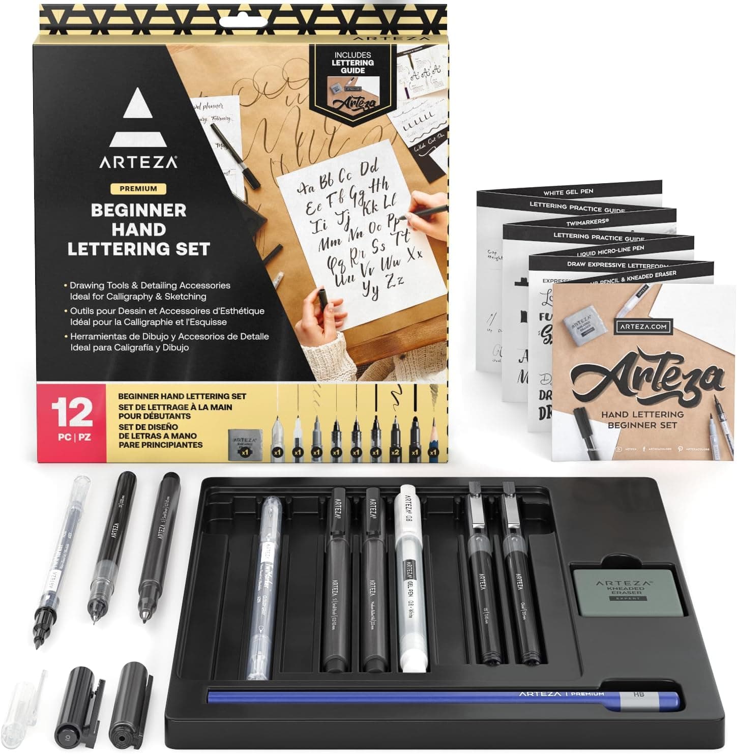 ARTEZA Hand Lettering Pens Set of 12 - Calligraphy and Brush Pens with Guidebook, Pencil, Eraser for Beginners