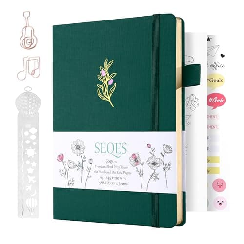 SeQeS A5 Bullet Dotted Journal Notebook | 160gsm Thick Bleedproof Paper, Lay Flat Binding, 160 Numbered Pages | Hard Cover Dot Grid Notebook/Bullet Journals for Creatives & Professionals-olive