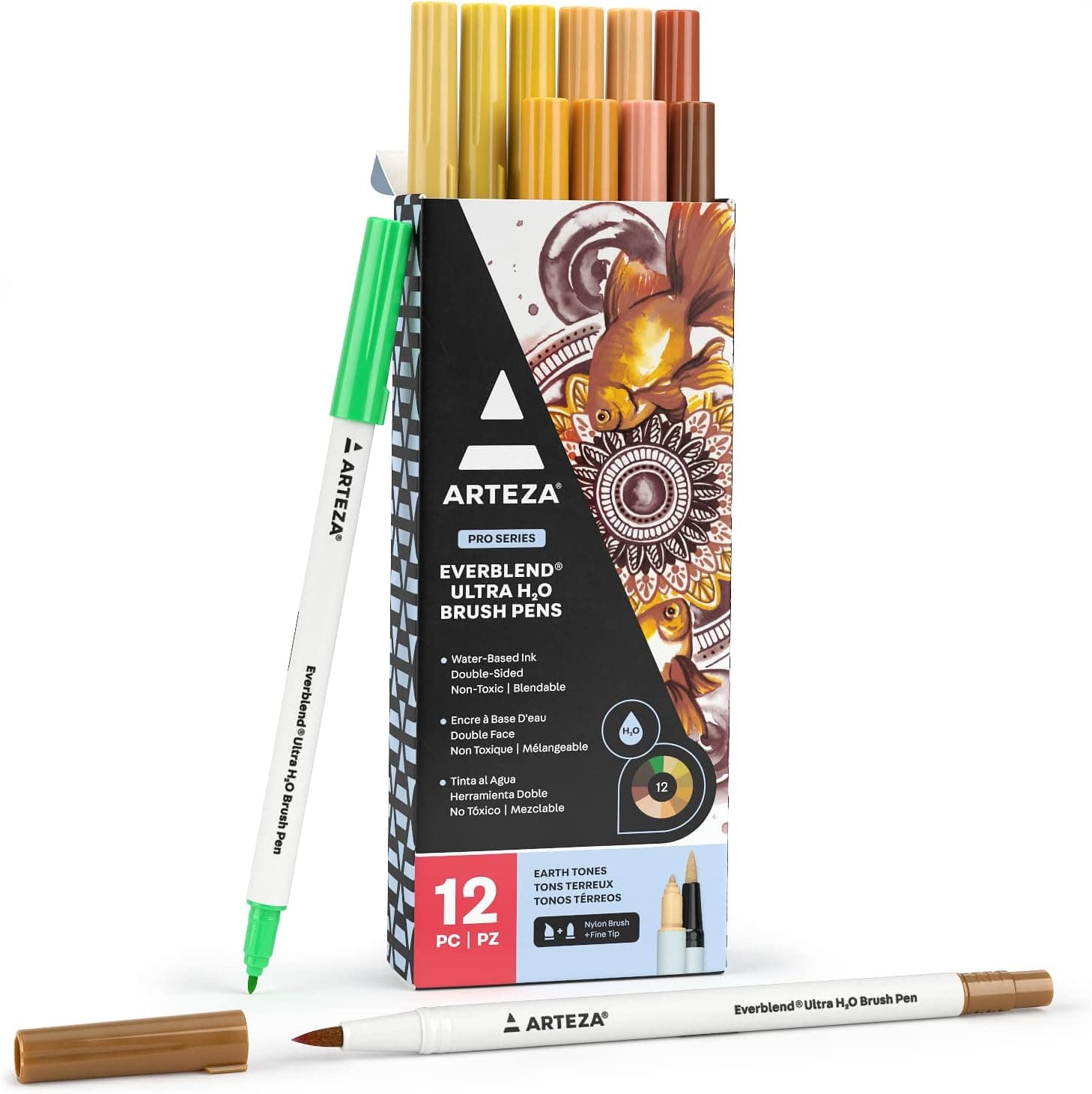 ARTEZA Dual Tip Brush Pens, 12 Earth Tones, Watercolor Calligraphy Markers