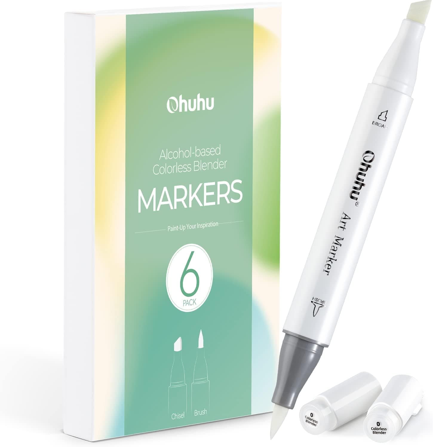 Ohuhu Alcohol Colorless Blenders - Pack of 6 Alcohol Based Ink No.0 Clear Blender Brush