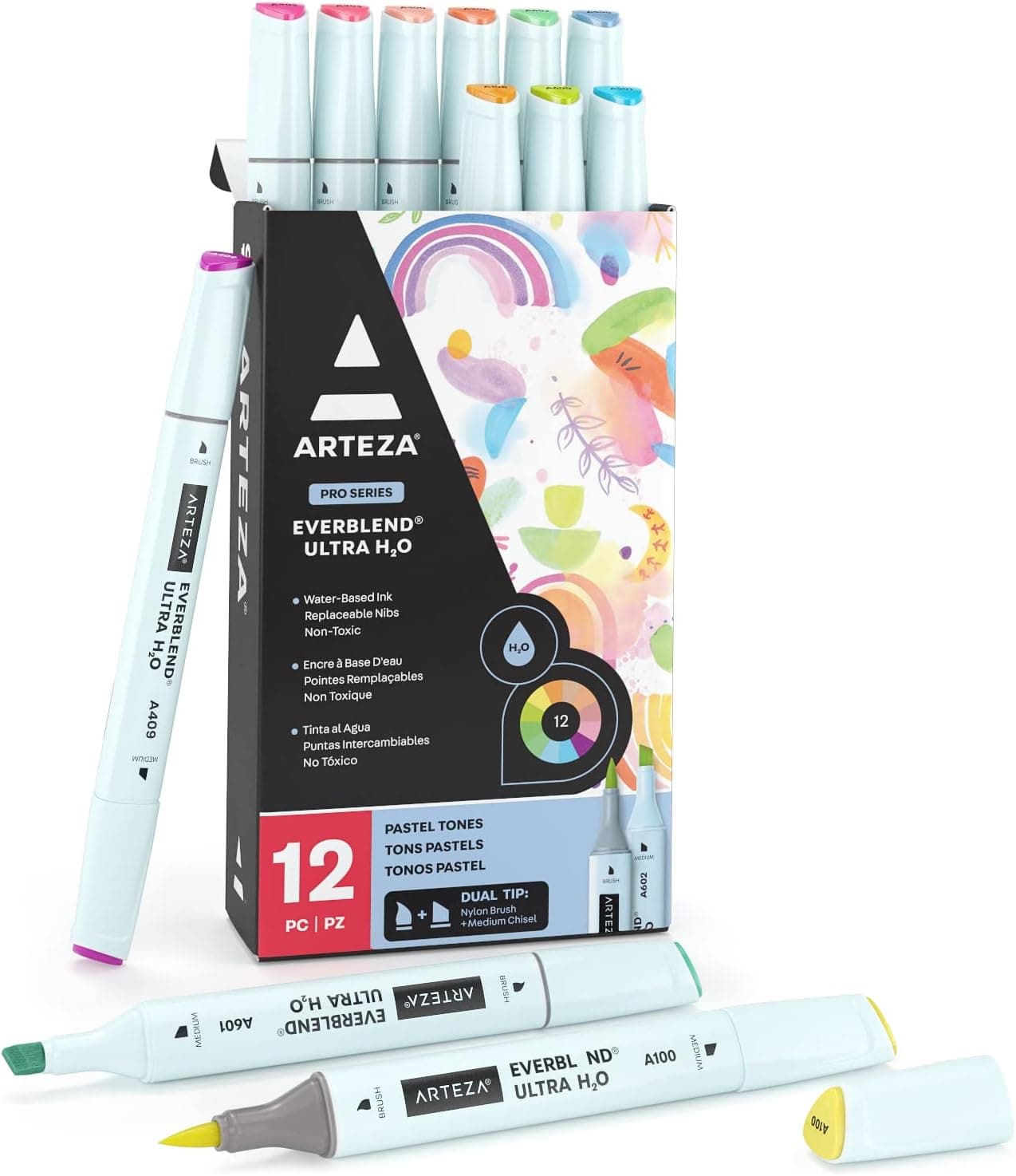 ARTEZA Dual Tip Brush Pens, 12 Pastel Tones, EverBlend Watercolor Calligraphy Markers