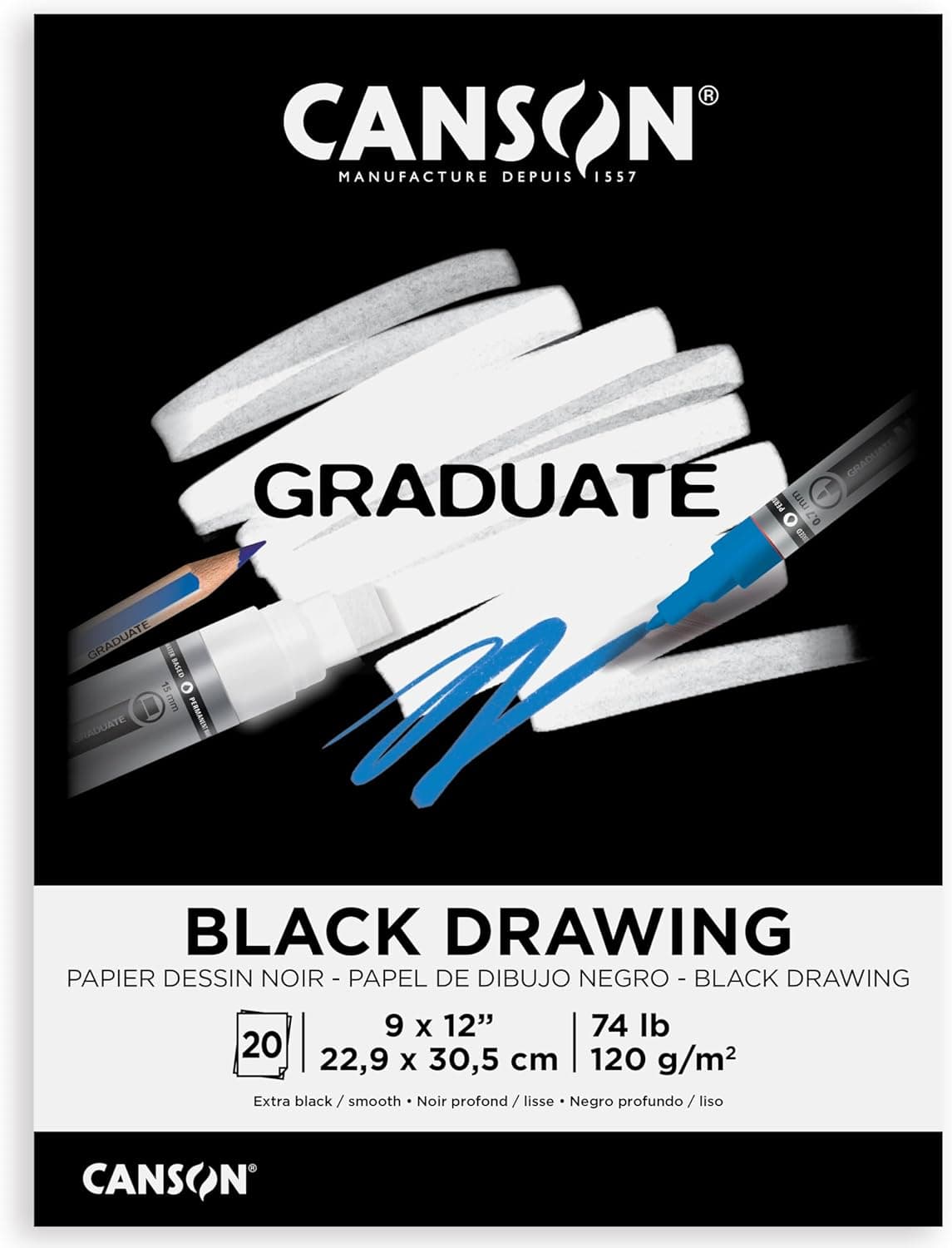 Canson Graduate Black Drawing Pad, Foldover, 9x12 inch, 20 Sheets - Drawing, Sketching and Art Journaling