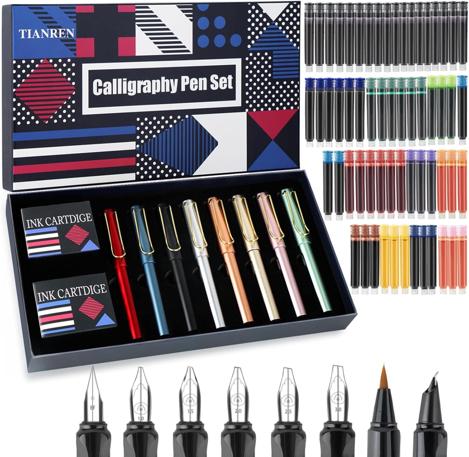 TIANREN Calligraphy Pen Set, Fountain Pens with 8 Replaceable Nibs and 60 Ink Cartridges (12 Colors)