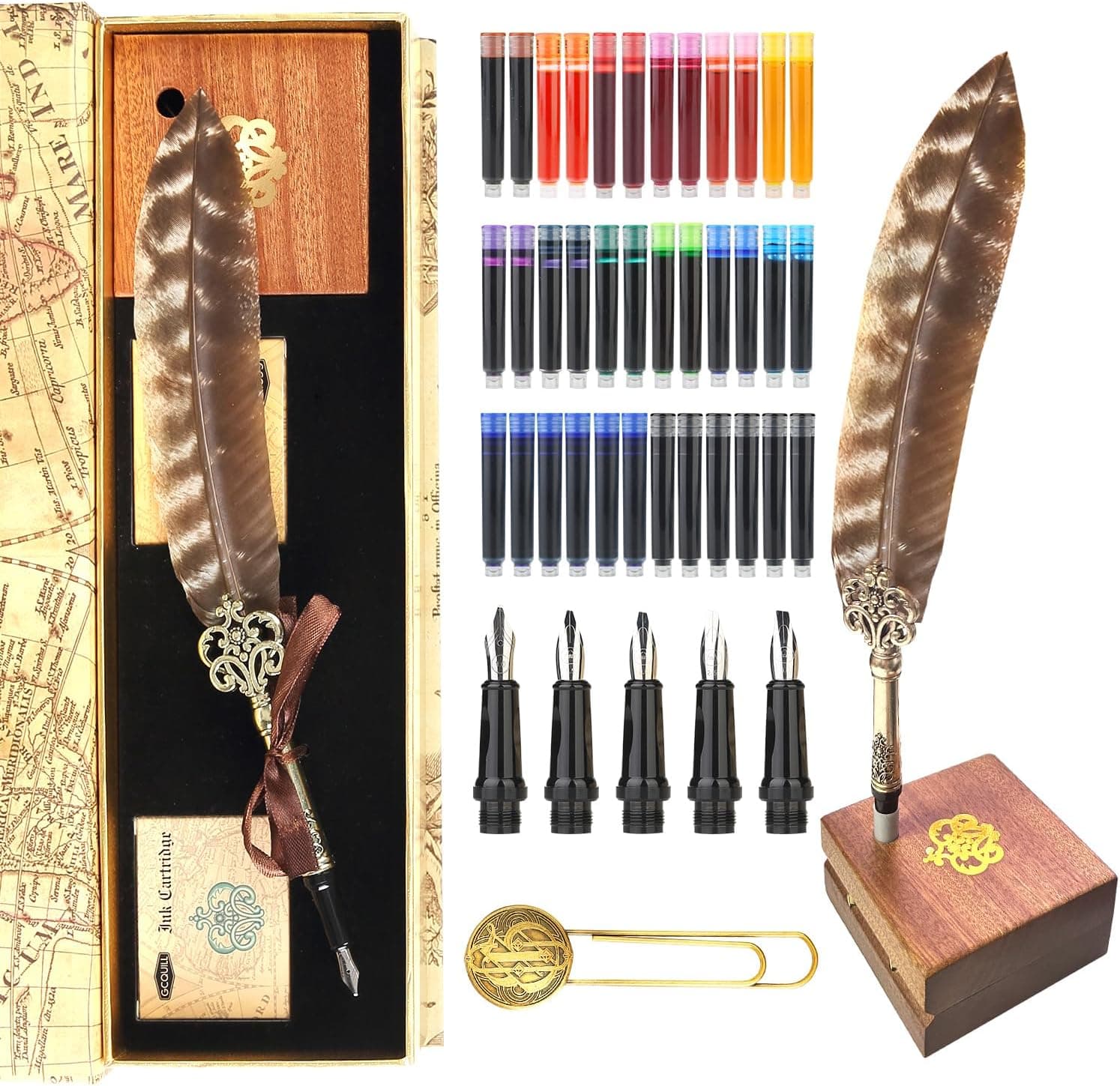 GC QUILL Calligraphy Feather Fountain Pen and Ink Set, Quill Pen with 5 Varied Nibs and Ink Cartridges (MU-15)
