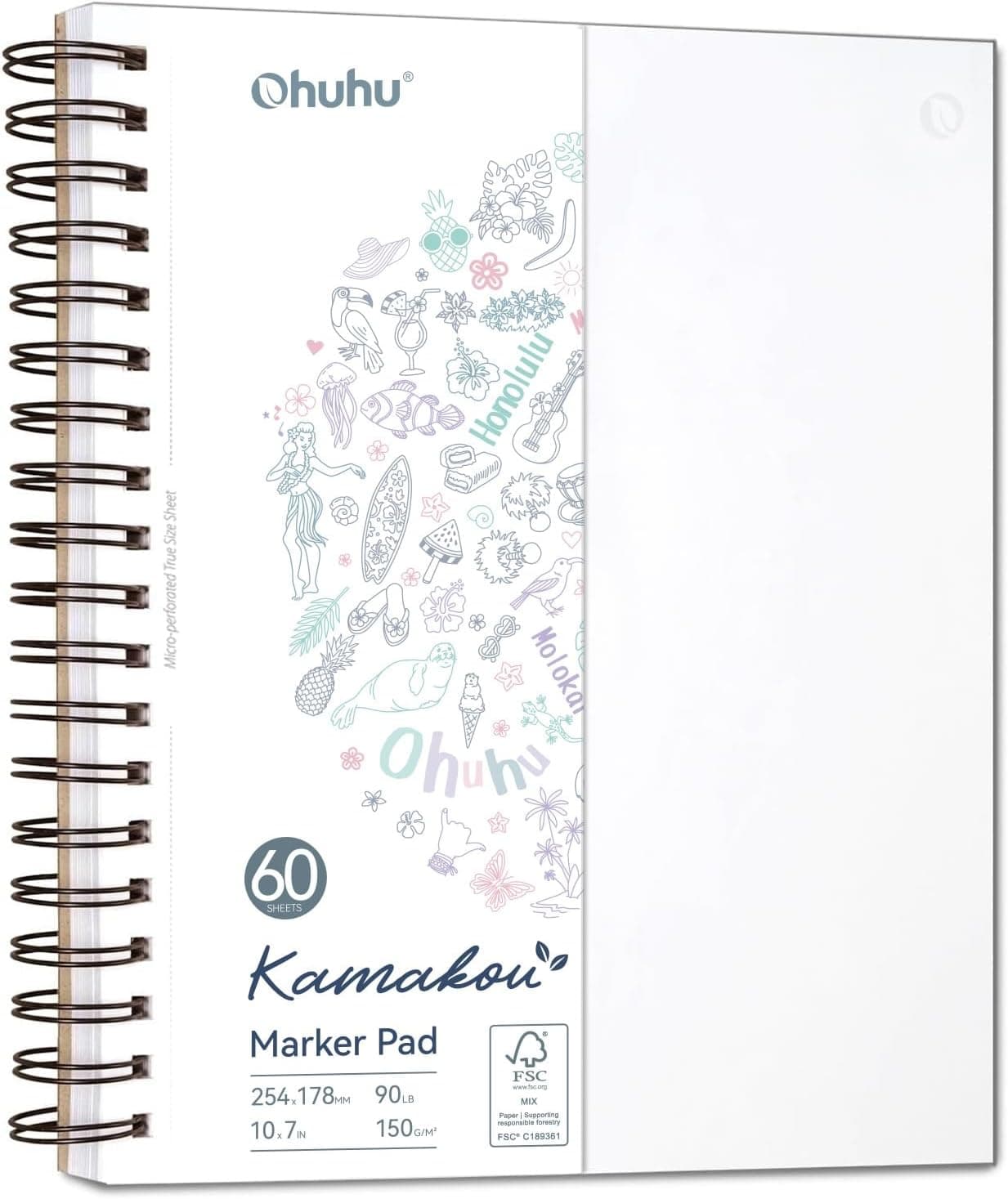 Ohuhu 7"x10" Double-Sided Bleedproof Marker Pad Art Sketchbook, 60 Sheets, 90 LB/150 GSM, Spiral-Bound