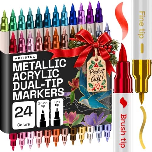 ARTISTRO 24 Metallic Dual-Tip Acrylic Paint Marker Pens for Drawing | For Fabric, Rock, Glass, Wood, Arts & Crafts Gift for Adults, Teens & Kids, Pumpkin Decorating Kit & Halloween Crafts