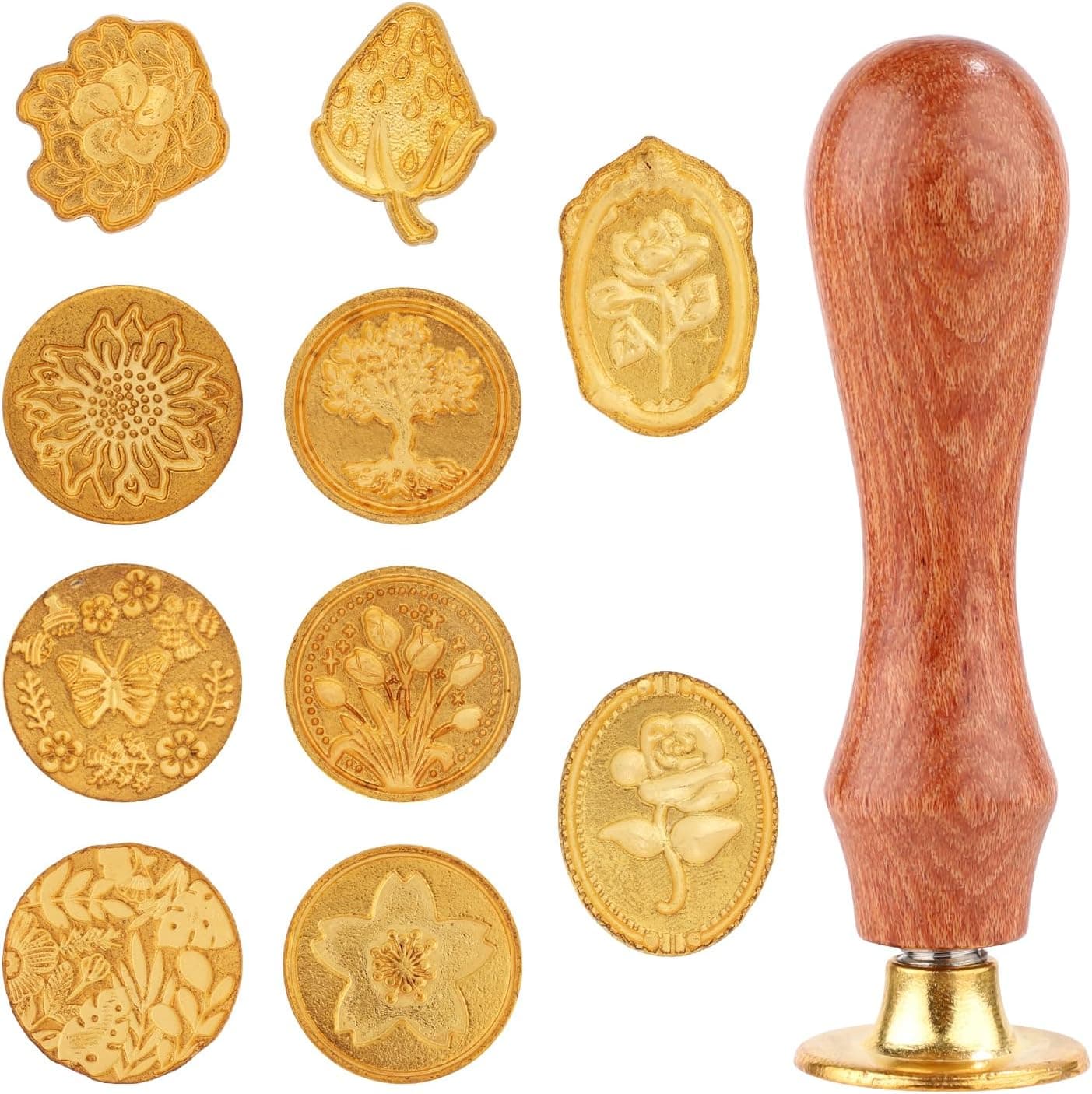 Wax Seal Stamp Set, 10pcs Sealing Wax Stamp Heads with Wooden Handle, Various Patterns (Gold)