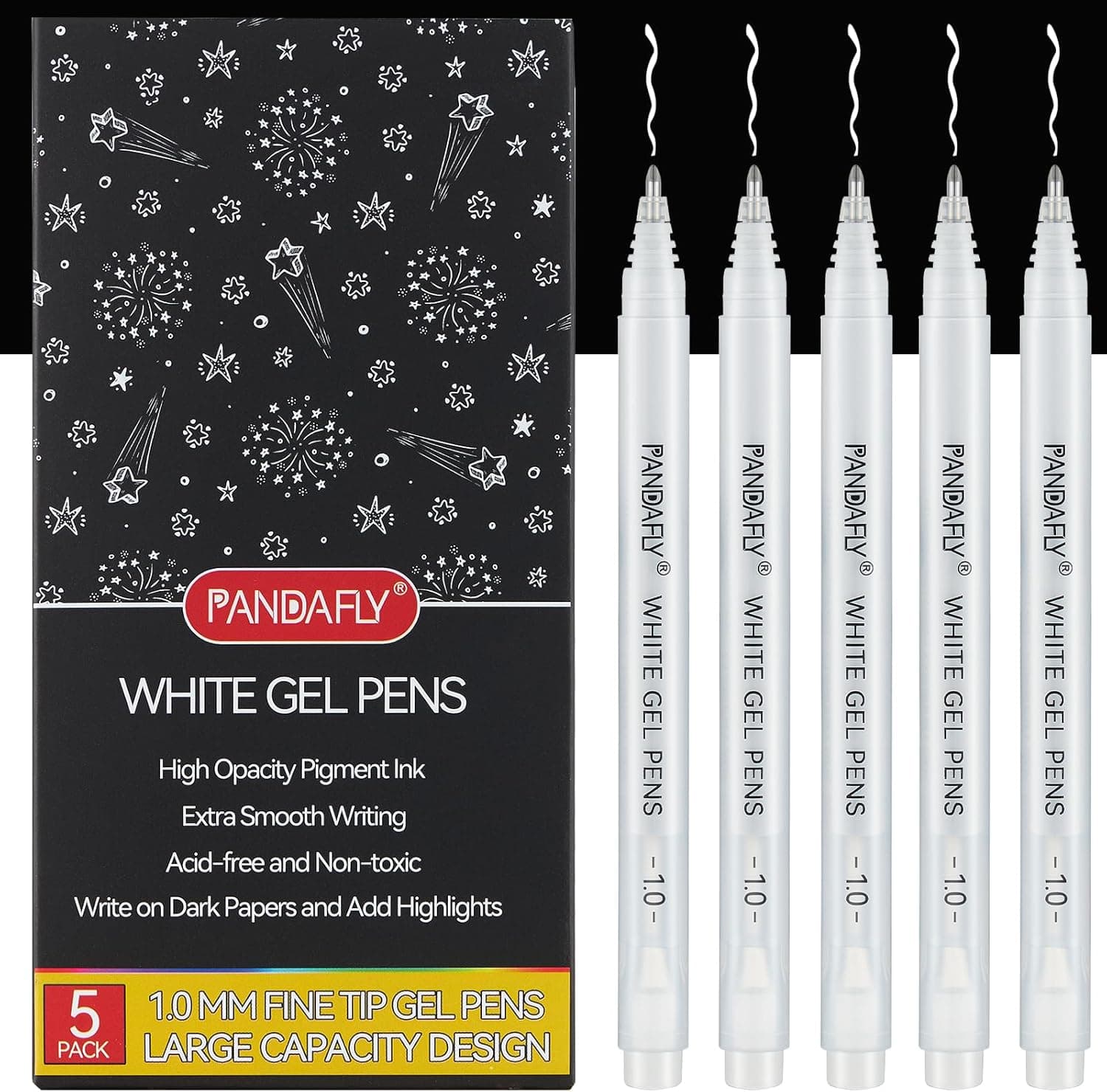 PANDAFLY White Gel Pens, 1mm Extra Fine Point Gel Ink Pens, Opaque Archival Ink for Black Paper Drawing, 5 Pack