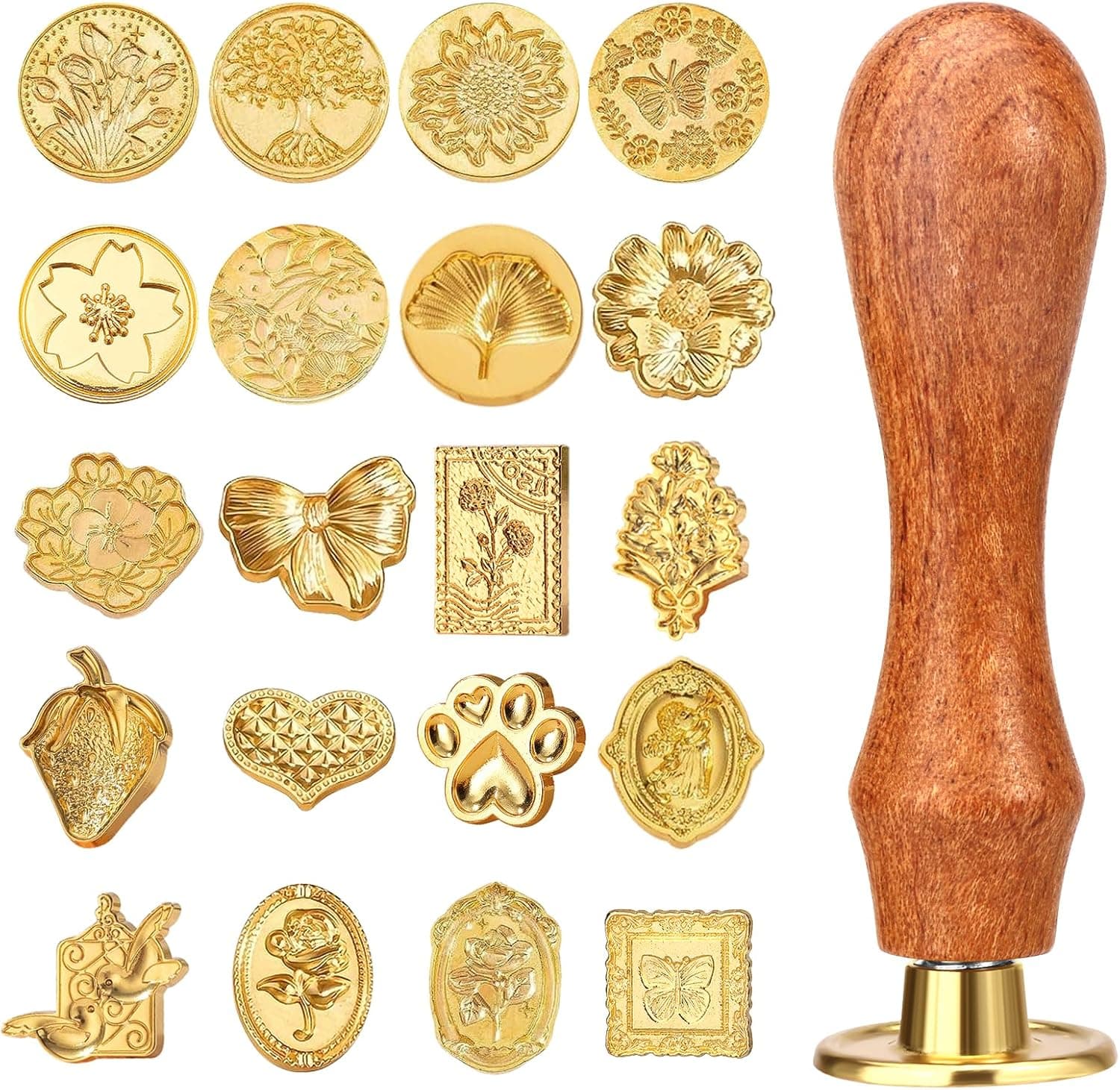 Draupnir Wax Seal Stamp Kit, 21pcs Vintage Classic Sealing Wax Stamp Heads with Wooden Handle, Gold