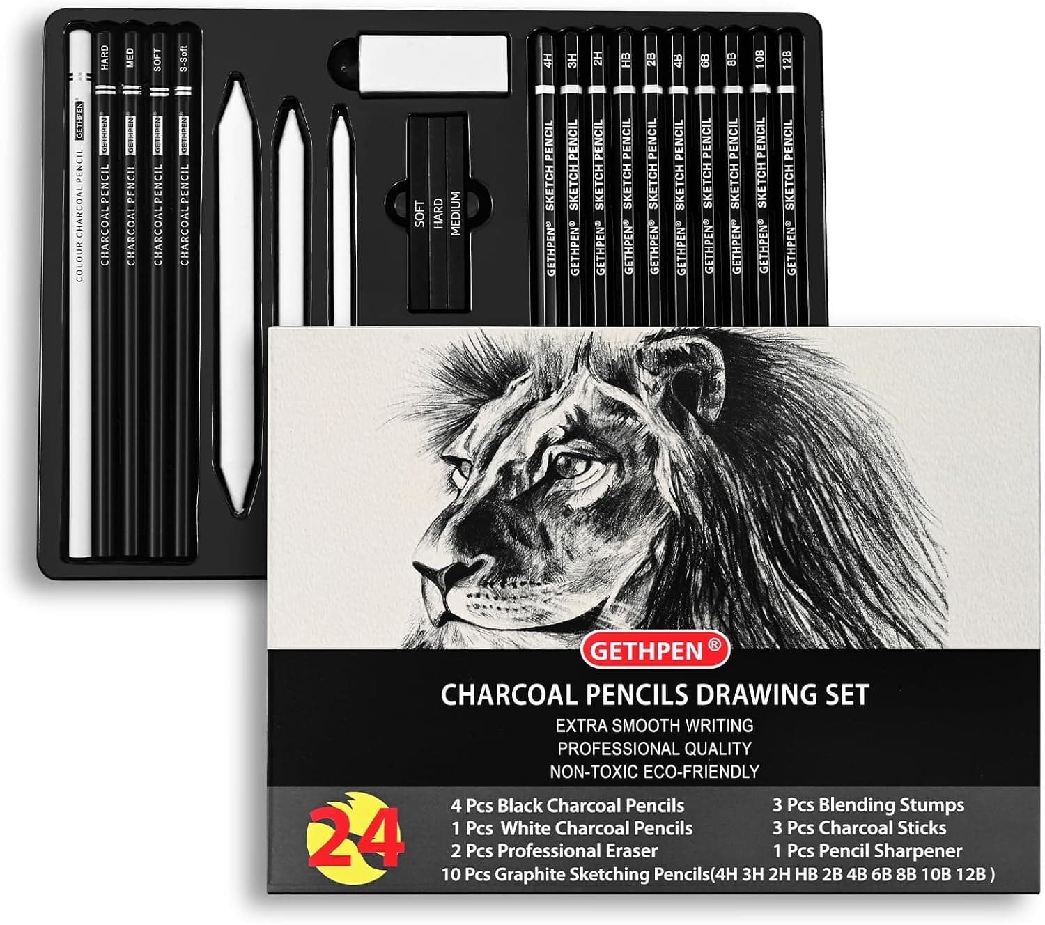 Drawing Sketching Pencil Set, 24 Piece Pro Artist Sketch Kit - Graphite Pencils (12B-4H) with Charcoal, Stumps, Eraser