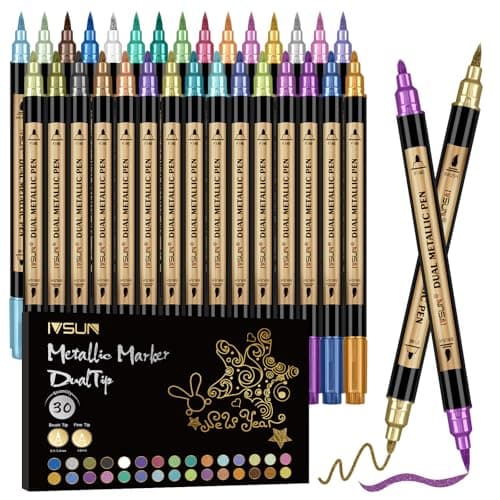30 Colors Dual Tip Metallic Acrylic Paint Marker pens with Brush & Fine | for Black Paper, Scrapbooking, Photo Album, Rock, Wood, Card Making, Pumpkin & Halloween DIY Arts Crafts, Scrapbook Supplies
