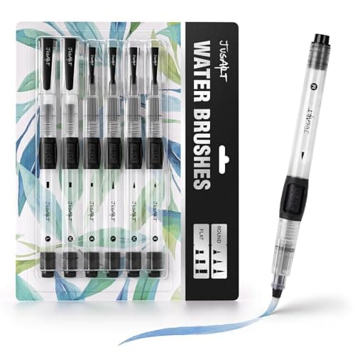JusArt Water Brush Pens 6-Pack Leak-Proof Refillable Watercolor Pens | Pointed & Flat Tip Styles for Acrylic Gouache Watercolor Painting - Portable Water Brush for Artists Beginners Adults