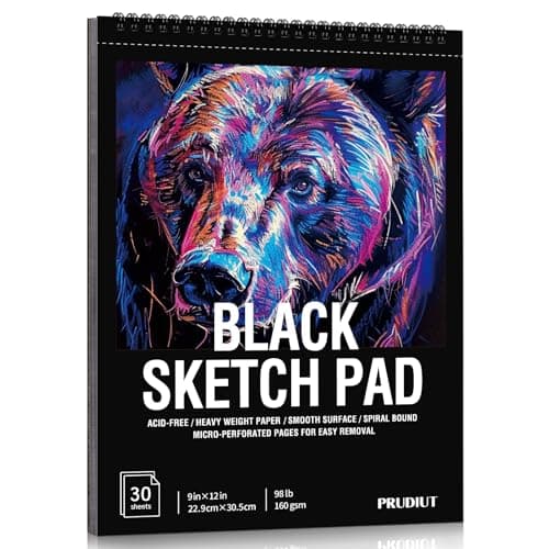Black Paper Sketchbook 9 × 12 in, 30 Sheets, 160gsm Spiral Bound | Acid-Free 98lb Black Paper, Lays Flat, Clean Tear-Out Pages, for Colored Pencil, Chalk, Gel Pens & Mixed Media