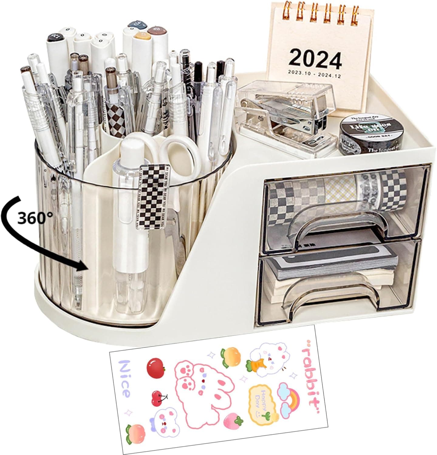 Rotating Desk Organizer, Large Capacity Cosmetic Display Case with Drawer, 360-Degree Rotating Pen Holder, Art Supply Storage Box Caddy
