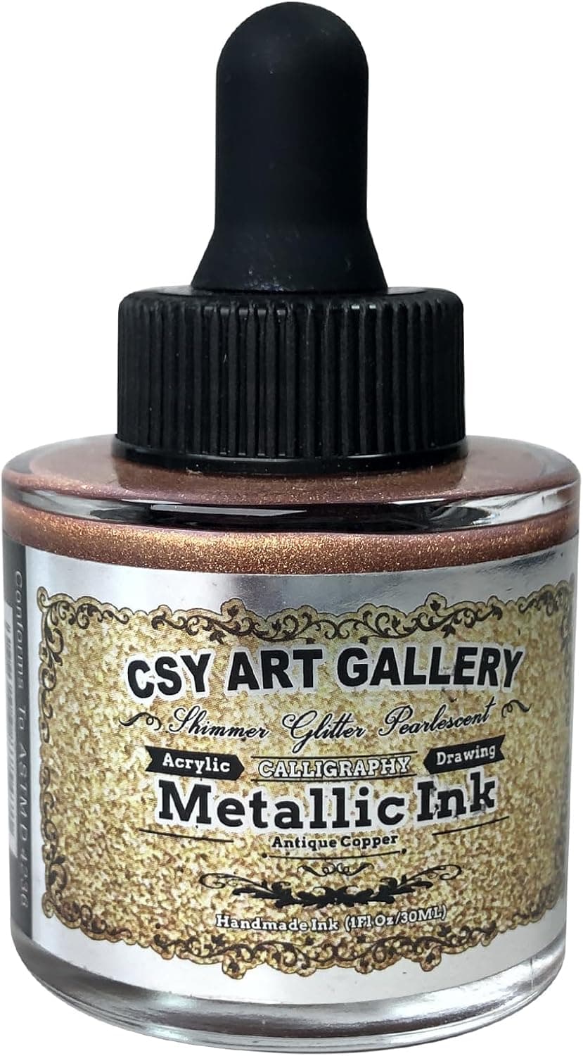 CSY Art Gallery Metallic Acrylic Inks - Calligraphy Ink, Gold Glitter, Lightfast (Antique Copper)