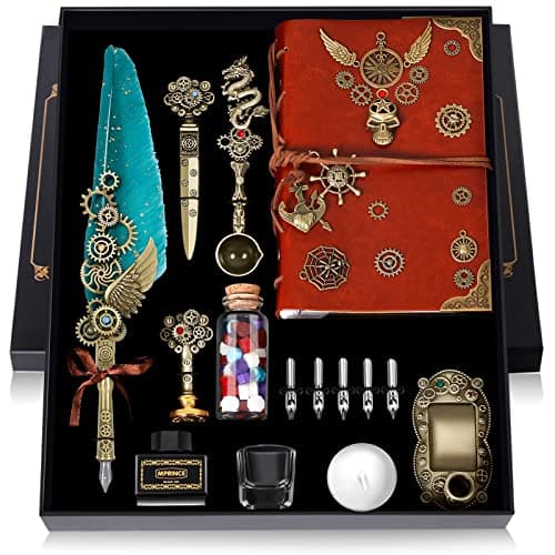 Aifeiter Quill Pen and Ink Set With Quill and 5 Replaceable Nibs,Seal Stamp,Spoon,Wax Beads,White Wax,Pen Holder, Cup,Envelope,Letter Paper,Envelope Tool(green)