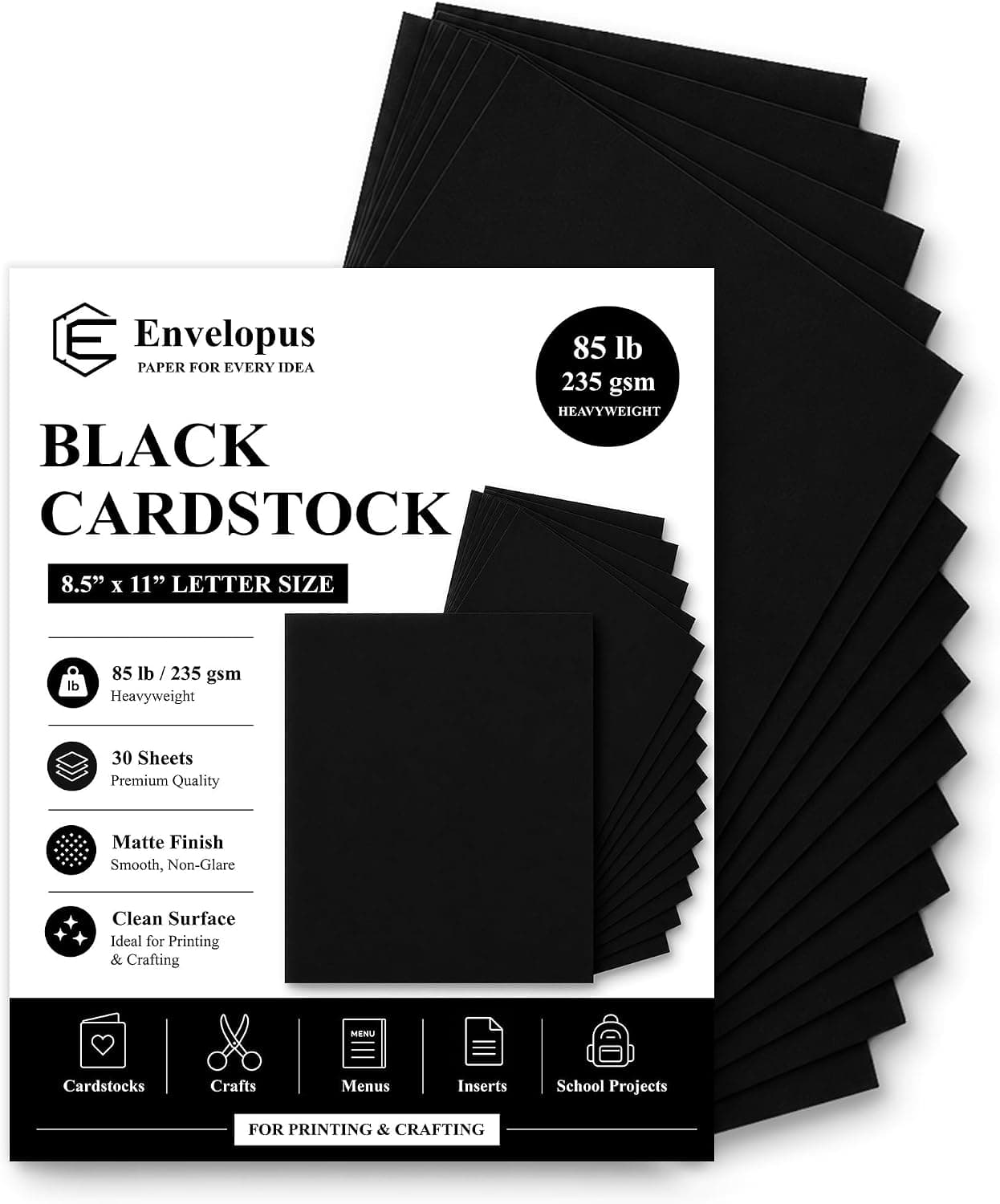 Envelopus Black Cardstock 8.5 x 11, Black Construction Paper, 85Lb, 30 Sheets - Heavy Black Card Stock Paper for Invitations, Scrapbooking and Paper Crafts