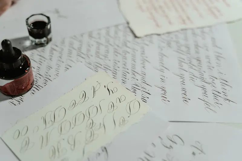 A detailed view of intricate calligraphy writing on white sheets with ink bottle