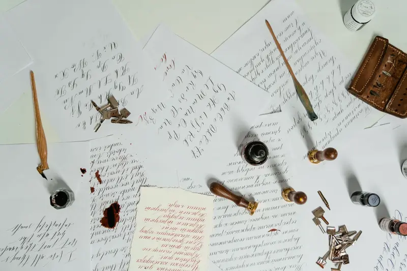 Aesthetic calligraphy arrangement with ink, pens, and handwritten letters on paper